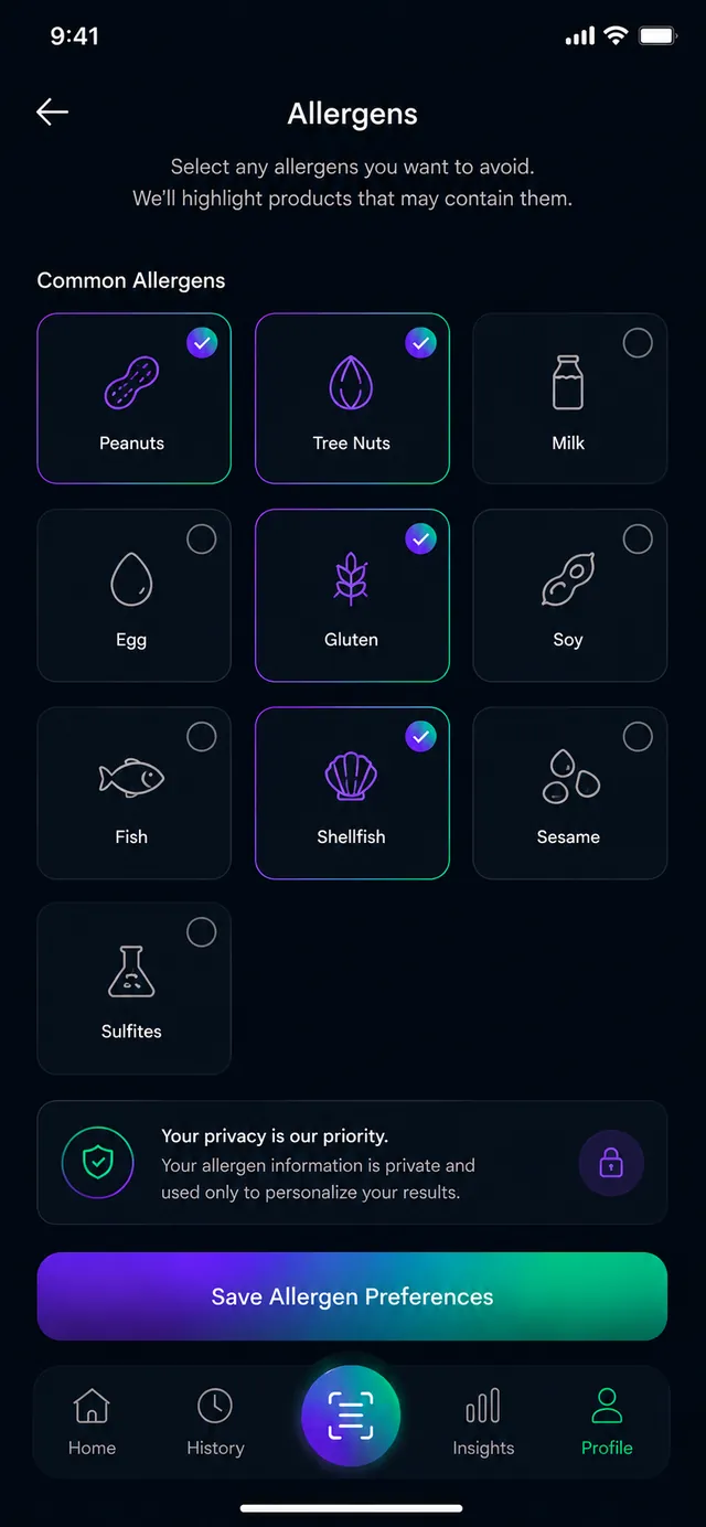 Allergen preferences screen for selecting allergens to avoid.