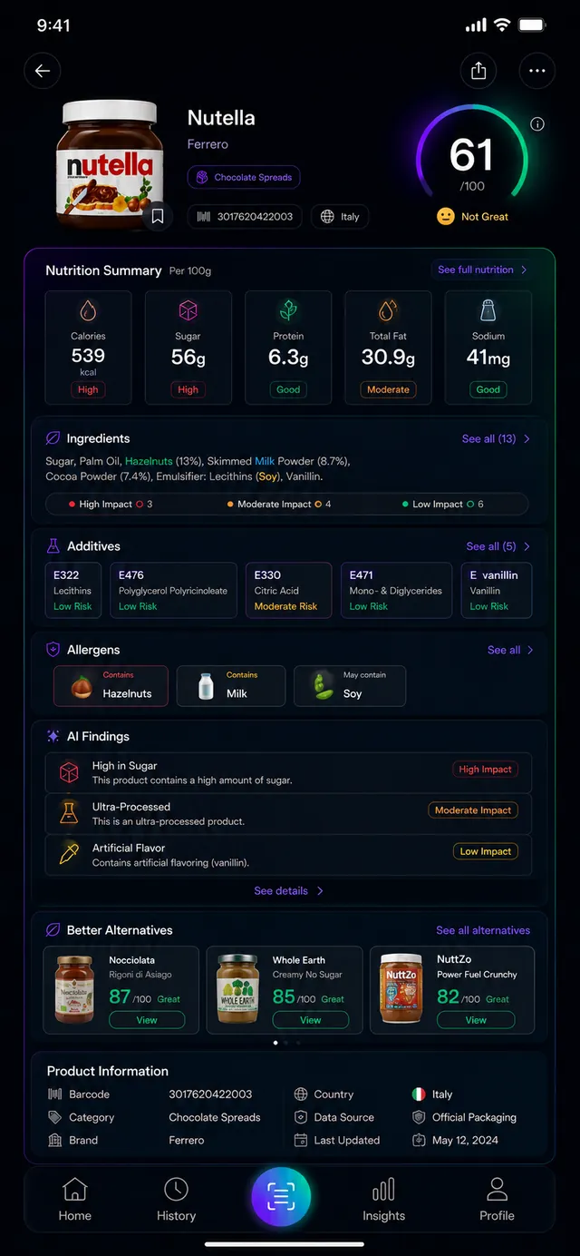 Barliva product detail on iPhone with nutrition summary, ingredients and allergens.