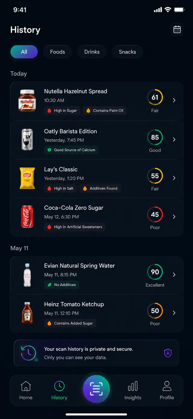 History grouped by day showing previously scanned foods and drinks.
