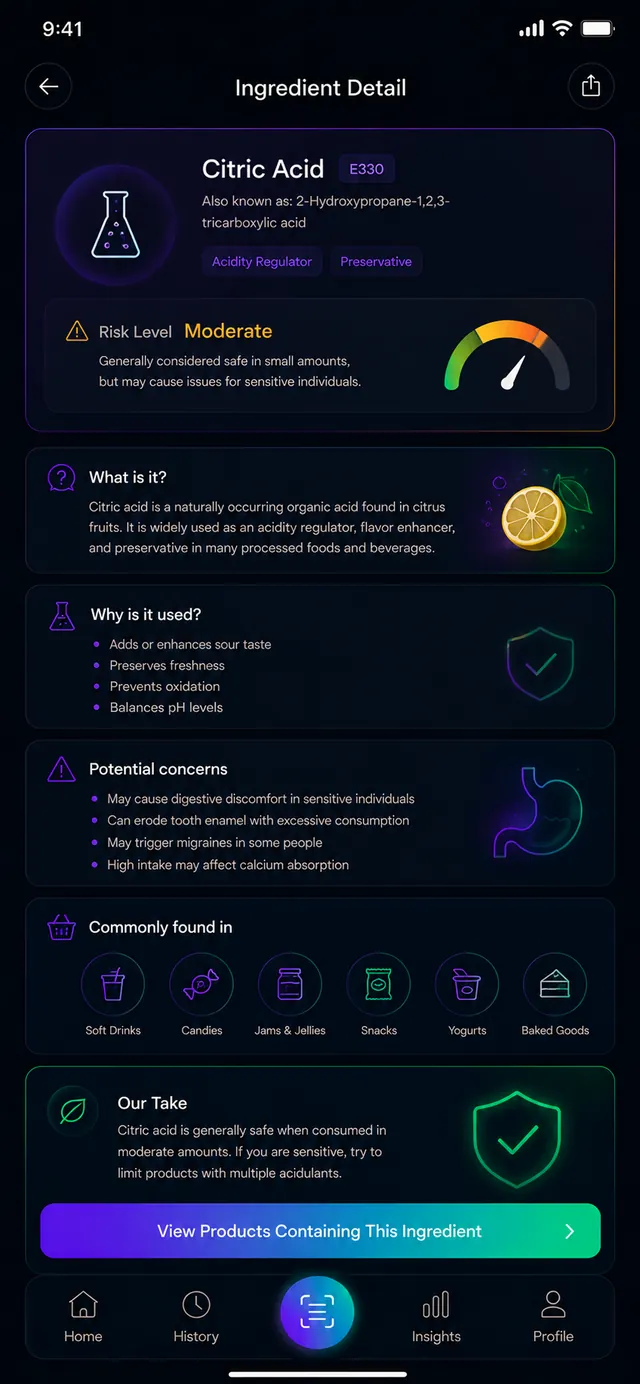 Ingredient detail for citric acid with a risk level and explanation.