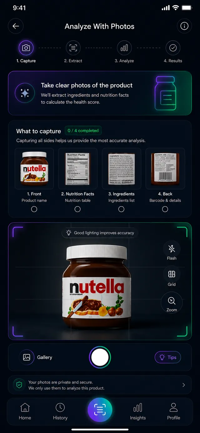 Analyze with photos screen guiding the user to capture the product front, nutrition facts and ingredients.