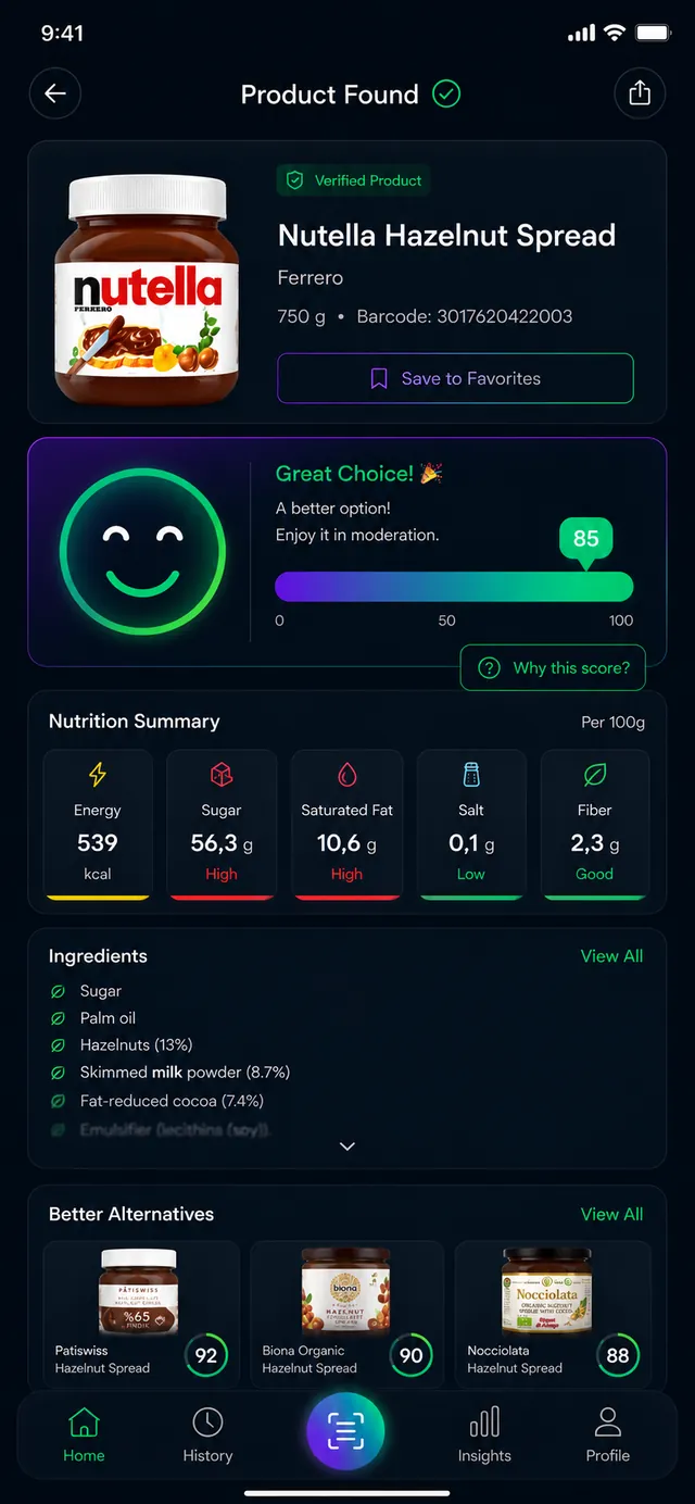 Barliva product result for a scanned food showing a green 0–100 health score, a nutrition summary and ingredients.