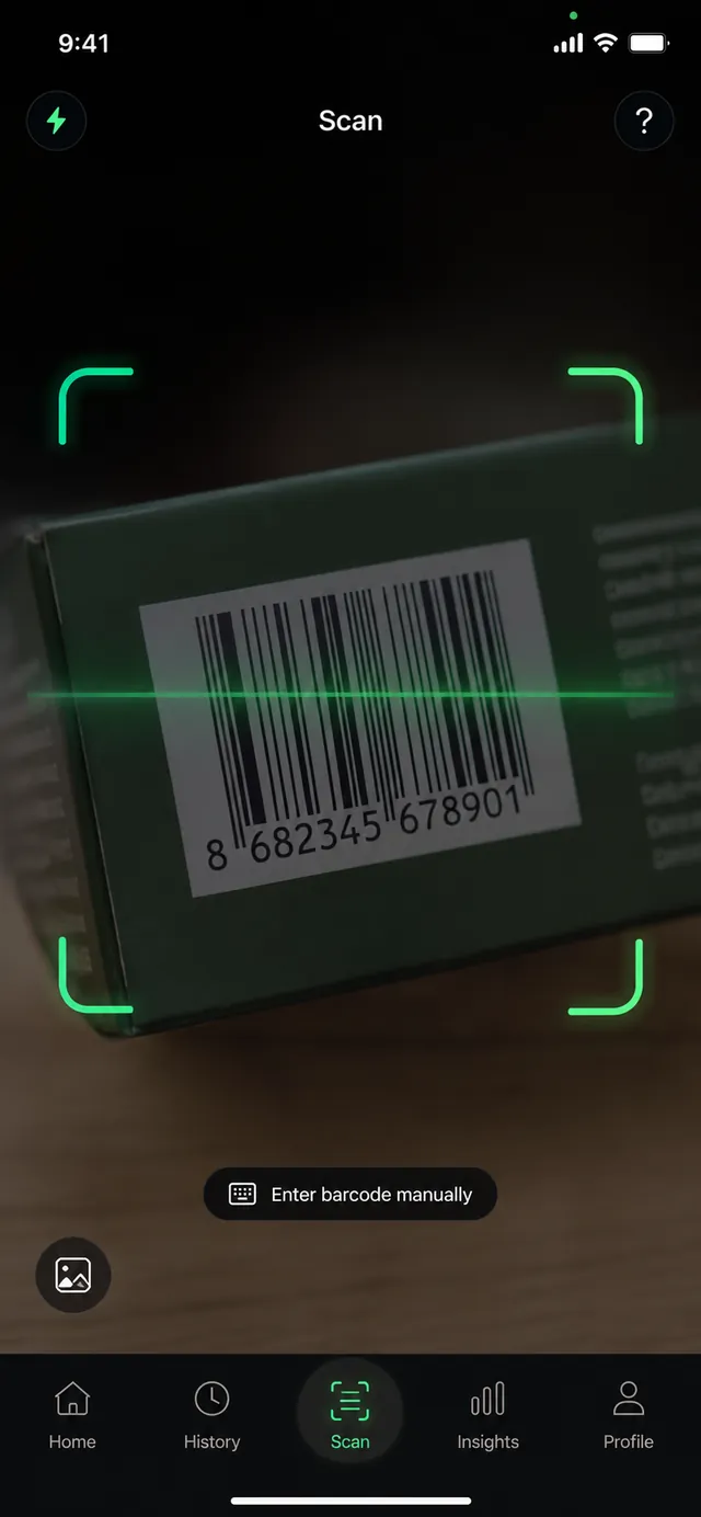 Barliva barcode scanner with the camera framing a product barcode.