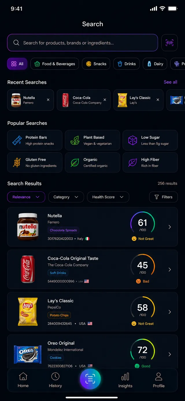 Search screen with categories, recent and popular searches and results.